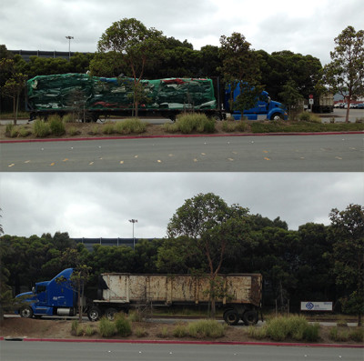 Top: A truck brings discarded cars into Sims Metal Management facility in Redwood City for shredding. Bottom: Truck delivers auto shredder waste to landfill.