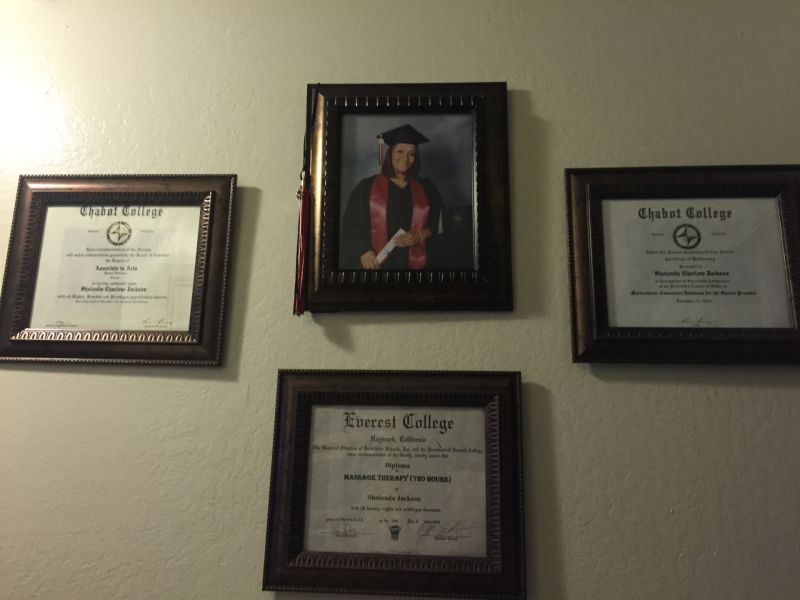 Sholonda Jackson's degrees are displayed in her Hayward home. 