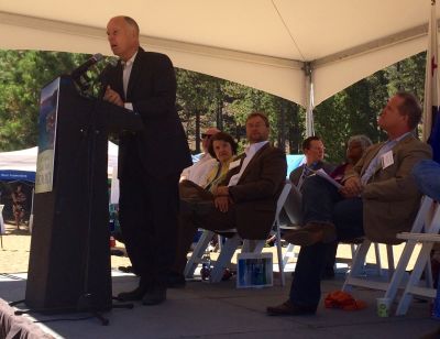 Gov. Jerry Brown speaks at the Lake Tahoe Summit on Aug. 24, 2015 in Zephyr Cove, NV.