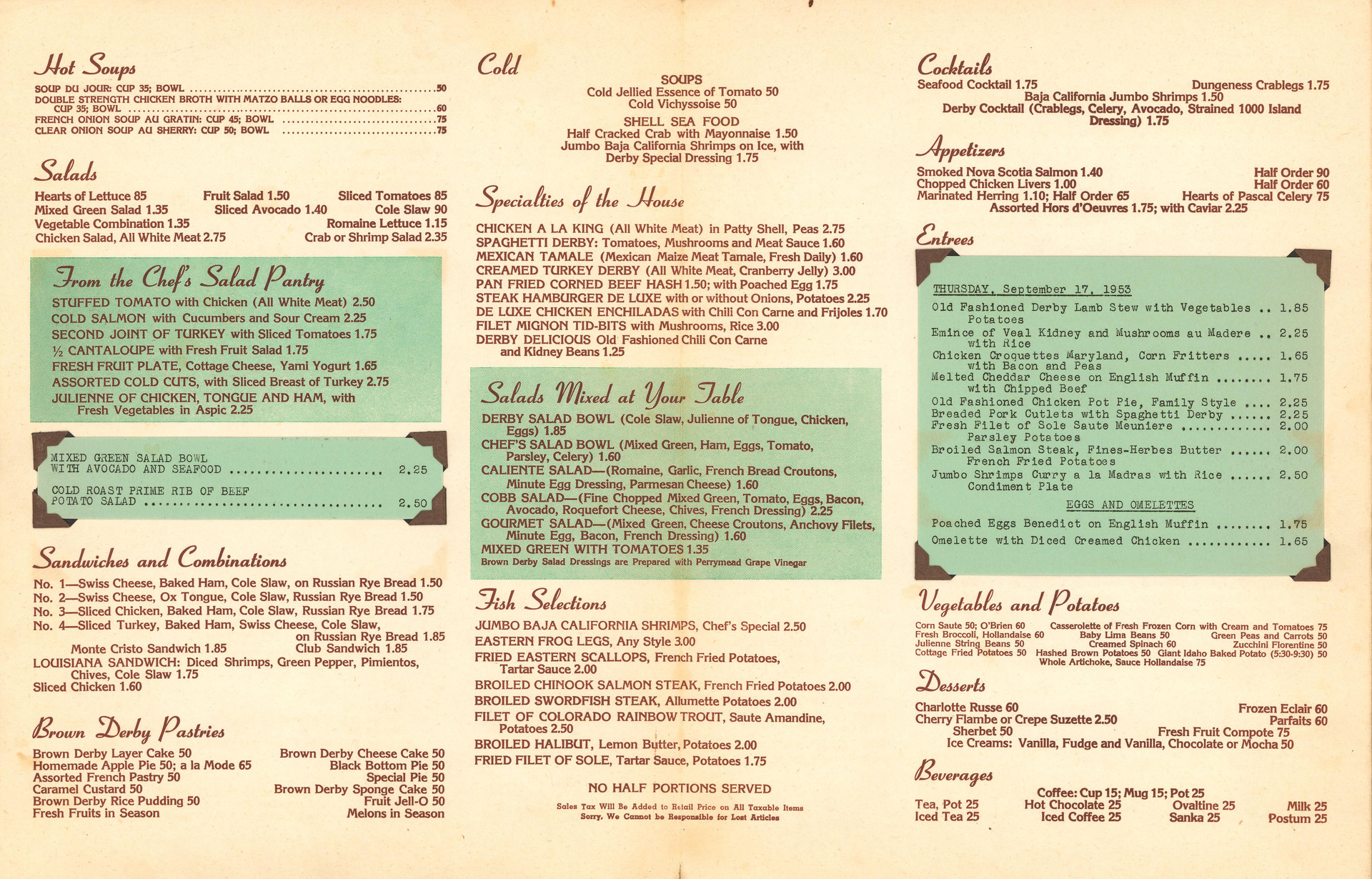 A Brown Derby menu from September 1953.