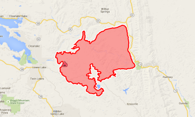 Cal Fire's Sunday morning map of the Rocky Fire, east of Clear Lake. (Click map for full-size image.) 