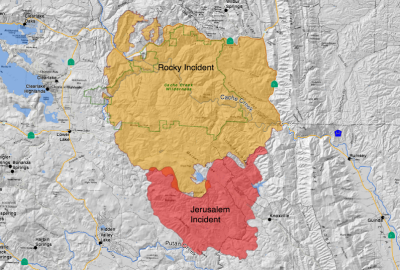 Cal Fire's map of the Jerusalem and Rocky fires. Perimeters shown as of early Thursday, Aug. 13. Click for larger image. 