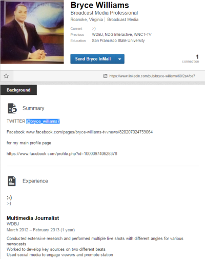 A screen capture of a LinkedIn profile maintained by Bryce Williams, also known as Vester Lee Flanagan.