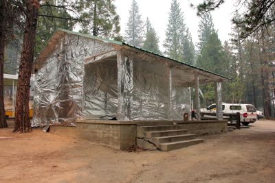A building at the Hume Lake camp, wrapped to resist ignition as the Rough Fire advanced through the adjacent forest. 