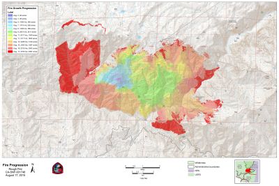 Map showing progression of the Rough Fire, burning in the Sierra east of Fresno, since it began as a small lightning-sparked fire in early August. Click for larger image. 