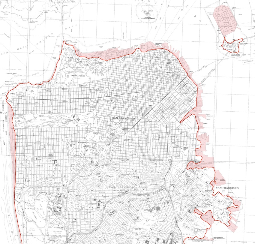 Red regions of San Francisco may be vulnerable to inundation by a tsunami.