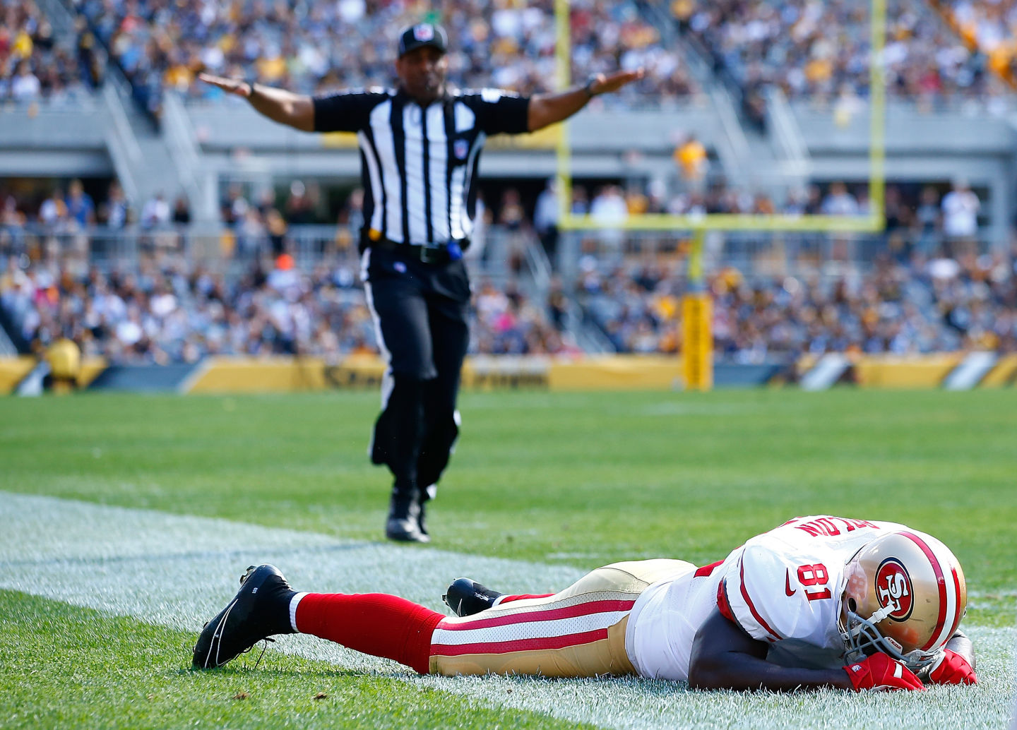 Anquan Boldin #81 of the San Francisco 49ers reacts following an incomplete pass in the third quarter against the Pittsburgh Steelers. (Jared Wickerham/Getty Images)