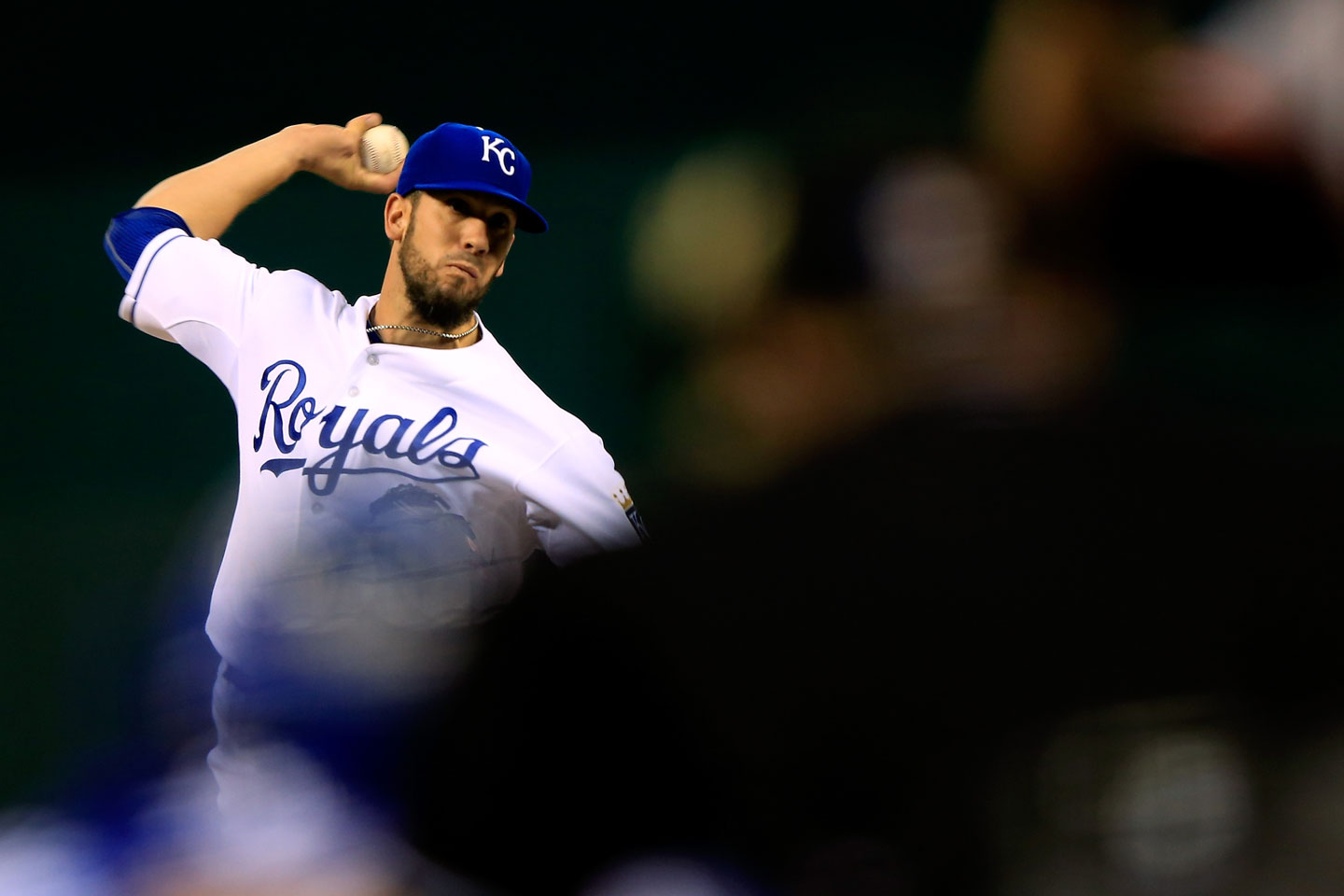 Royals starter James Shields stumbles through a long first inning, throwing 32 pitches. (Jamie Squire/Getty Images)