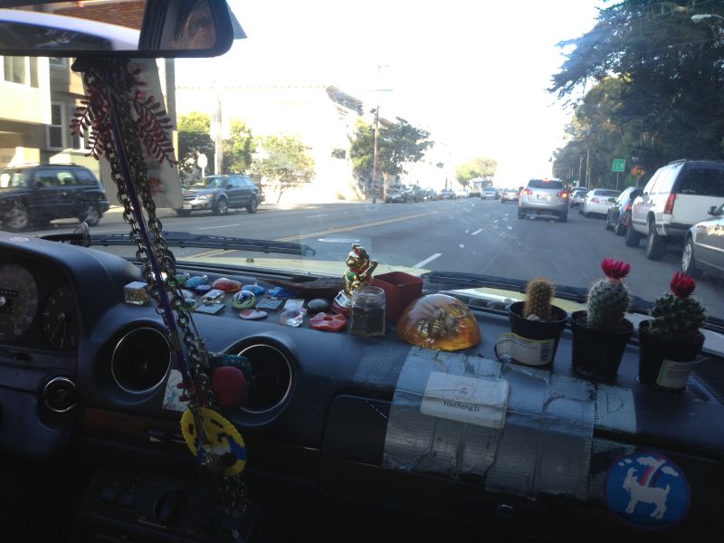 Steeno has glued keepsakes to his dashboard, including cacti where there would normally be an airbag. Ouch.