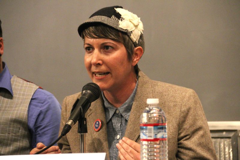 Mayoral candidate Amy Farah Weiss answers a question during a mayoral candidate forum at the University of California San Francisco on Oct. 8, 2015.
