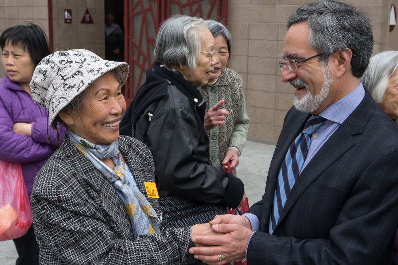 Former Supervisor Aaron Peskin campaigning in Chinatown.