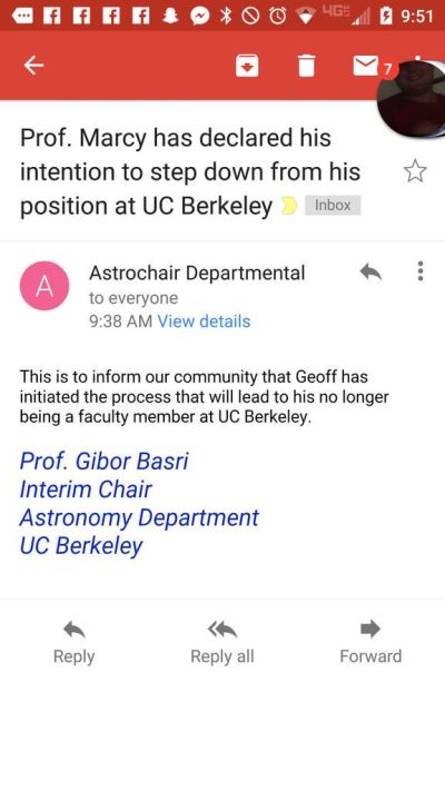 A message to members of UC Berkeley's Astronomy Department regarding the resignation of Geoff Marcy. 