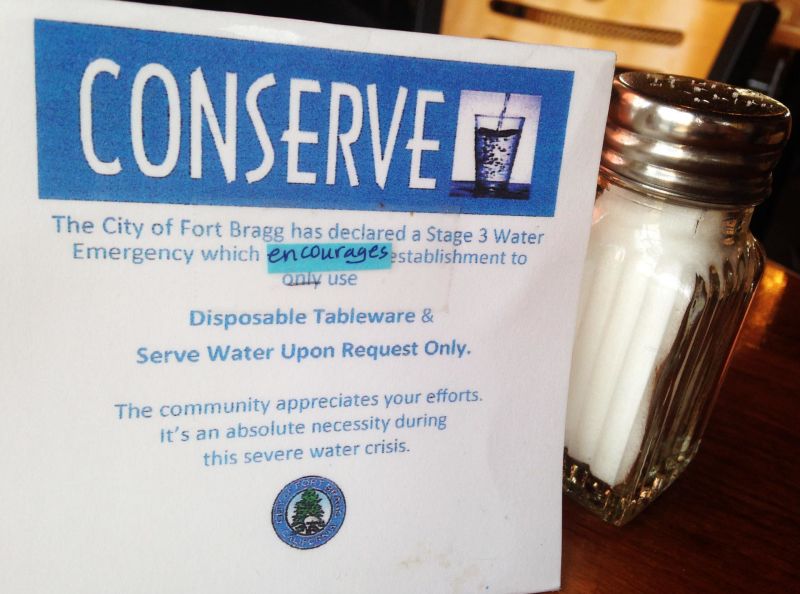 A sign at Eggheads restaurant informing diners of its intention to save water by using disposable tableware.