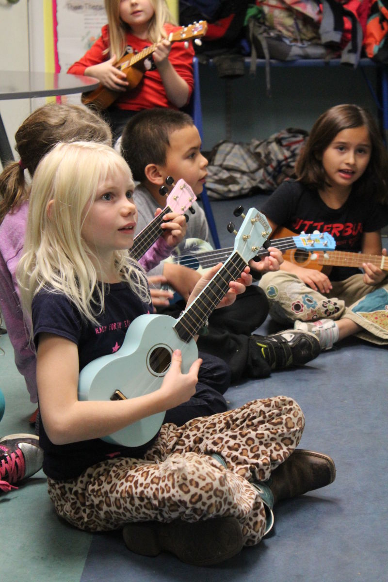 Kids at the Lake County International Charter School in Middletown practicing singing and ukulele. 