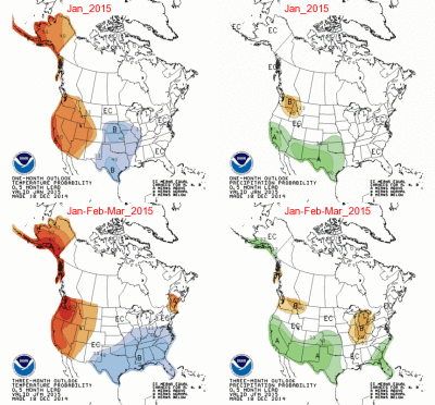 The 'long-lead seasonal outlook'; from NOAA's Climate Prediction Center, issued in mid-December 2014, indicated that models pointed to above-median precipitation in California in early 2015. The period turned out to be among the state's driest on record. 