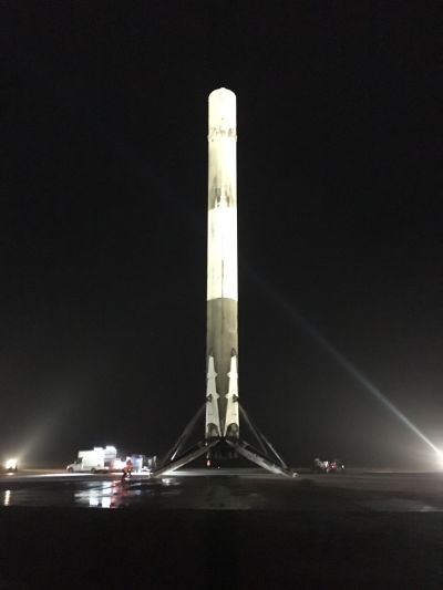 A handout picture made available by SpaceX shows its Falcon 9 rocket after it had landed at Cape Canaveral on Monday night. 