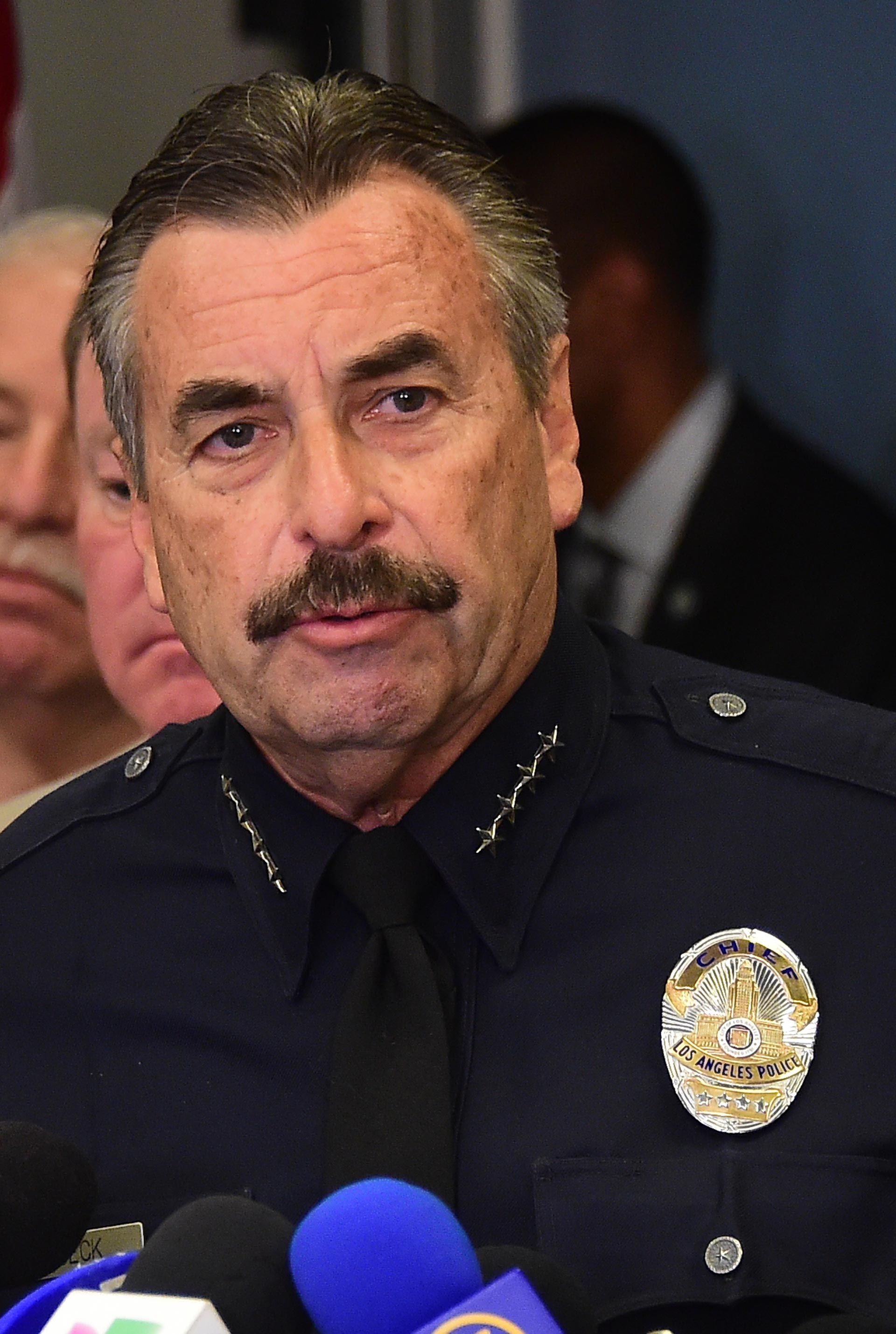 Los Angeles police chief Charlie Beck addresses the media at Los Angeles Unified School District headquarters on Dec. 15, 2015.