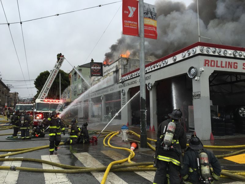 Fire at Rolling Stock tire shop at 16th and Shotwell in San Francisco on Sunday, Nov. 8, 2015.