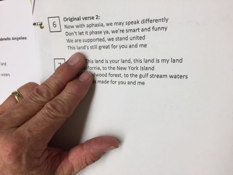 Because aphasia affects all aspects of communication, the Aphasia Tones use easy-to-read music guides like this one at a recent rehearsal in Hayward.