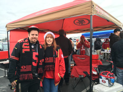 Tim Chandler and his mother Jackie Petrucci tailgate at Levi's Stadium. They will both go to the Super Bowl and say they have no worries about security.