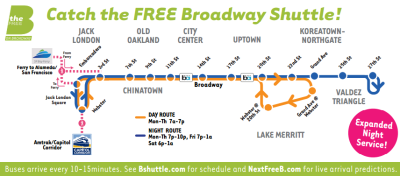 Oakland’s Free B Shuttle bus will be running on New Year’s Eve every 10-15 minutes from 7 p.m. to 1 a.m.