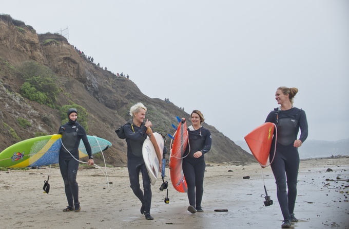 Andrea Moller, Keala Kennelly, Bianca Valenti and Paige Alms prepare to surf at Mavericks.