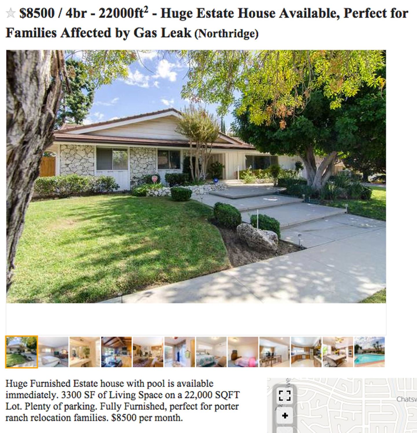 A screenshot of a Craigslist post advertising a home “perfect for families affected by gas leak.”
