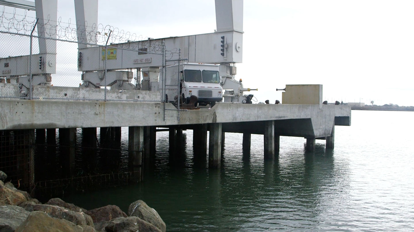 An example of the pile construction used at the Port of Oakland, on a decommissioned pier. (Alan Toth/KQED)