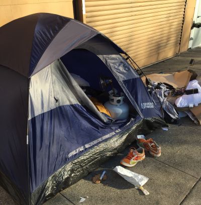 Supervisor Scott Wiener says a constituent emailed this picture of a propane tank inside a tent on a sidewalk near 16th and Pond streets. 