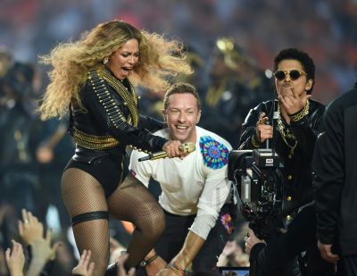 Beyonce, Coldplay's Chris Martin and Bruno Mars perform during Super Bowl 50 halftime show.