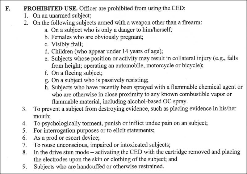 Prohibited uses of a conducted energy device (Taser) in SFPD's proposed policy.