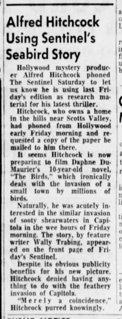 Item from the Aug. 21, 1961, edition of the Santa Cruz Sentinel reporting Alfred Hitchcock's interest in the local bird 'invasion.'