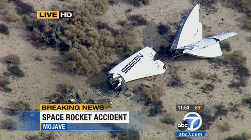 Part of the wreckage of Virgin Galactic's SpaceShipTwo in the Mojave Desert north of Los Angeles.