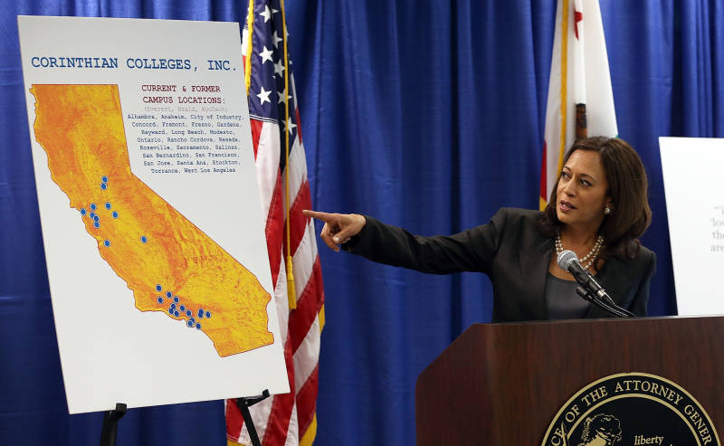 California Attorney General Kamala Harris announces the filing of a lawsuit against the for-profit Corinthian Colleges and its subsidiaries in October, 2013.