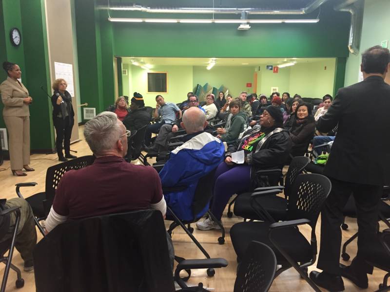 A community meeting to plan the resdesign of St. Andrew's Plaza in West Oakland