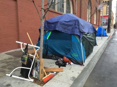 Tents on Bryant Street set up after encampments were cleared from nearby Division Street.