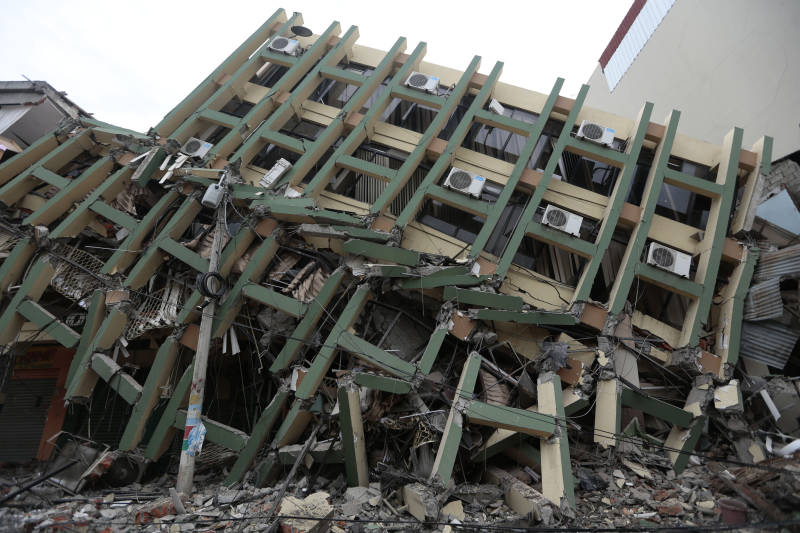 View of a fallen building after a 7.8-magnitude quake in Portoviejo, Ecuador on  Sunday. At least 350 people were killed when a powerful earthquake struck coastal Ecuador.     