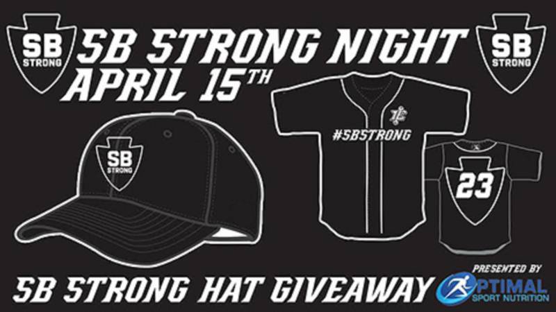 Advertisement for an April 15th fundraiser sponsored by the Inland Empire 66ers minor league baseball team. The city adopted the San Bernardino Strong slogan in the aftermath of the deadly terrorist mass shooting in December