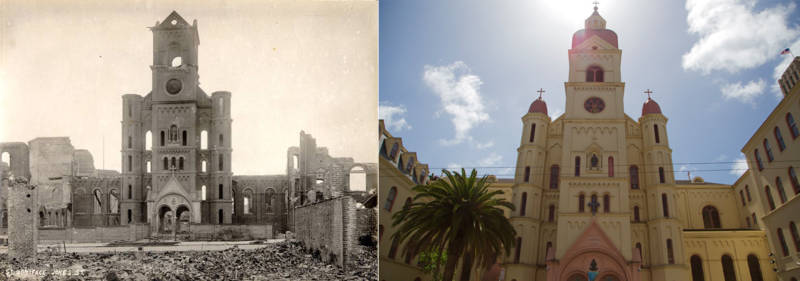St. Boniface Church after the 1906 earthquake and present day.