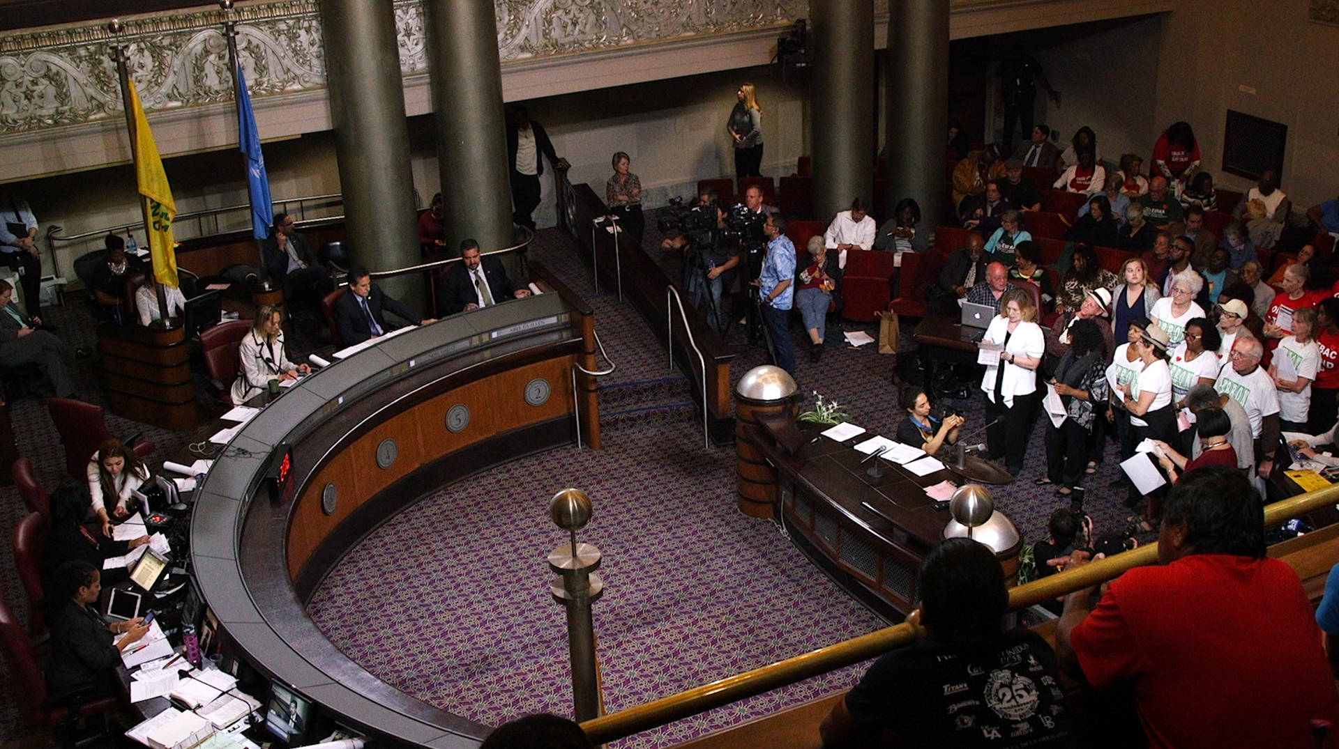 People wait to speak about the rent moratorium ordinance before the Oakland City Council in City Hall on April 5, 2016.