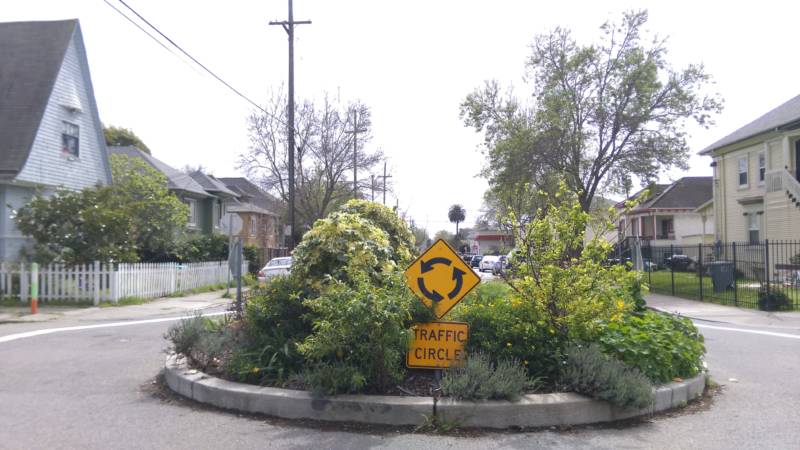A roundabout at the end of Smith's Street. He says it was placed there to block traffic coming off of Alcatraz back when car chases through the neighborhood were more common. 