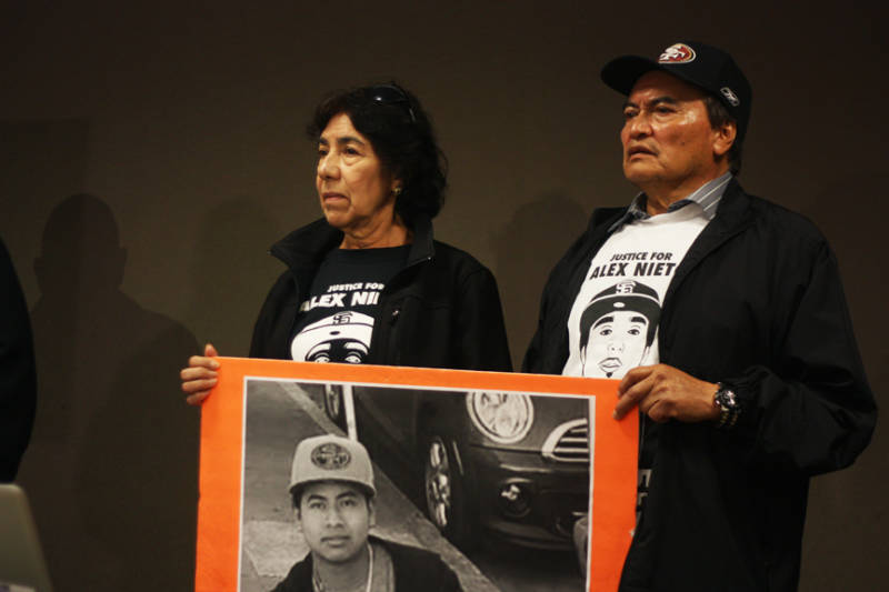 Refugio and Elvira Nieto, whose son, Alejandro Nieto, was fatally shot by SFPD in March 2014, attend a press conference on April 24, 2015, where attorney Arnoldo Casillas announced that a Federal Civil Rights lawsuit was being filed against SFPD for the shooting death of Amilcar Perez Lopez. 