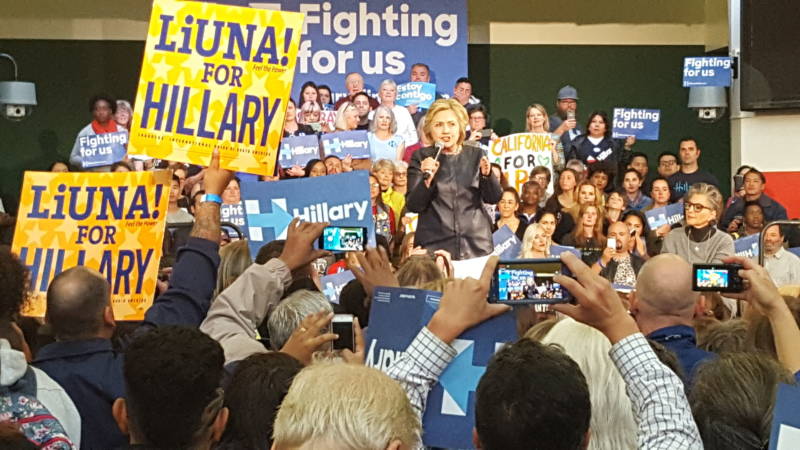 Former Secretary of State Hillary Clinton speaks to at a campaign rally in Oakland on Friday, May 6, 2016.