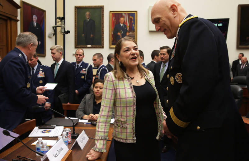 Loretta Sanchez talks with Army Chief of Staff Gen. Raymond Odierno before a hearing about the FY2016 National Defense Authorization Budget Request on Capitol Hill on March 17, 2015.