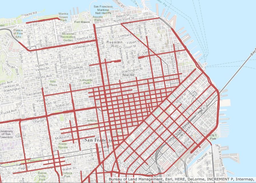 Most streets in the Tenderloin have been identified as high-injury corridors (marked in red) under the city's Vision Zero program. Click here to see the full map. 
