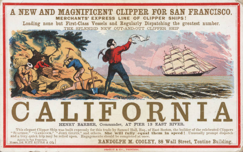 An advertisement for a line of ships bringing passengers to the Gold Rush.