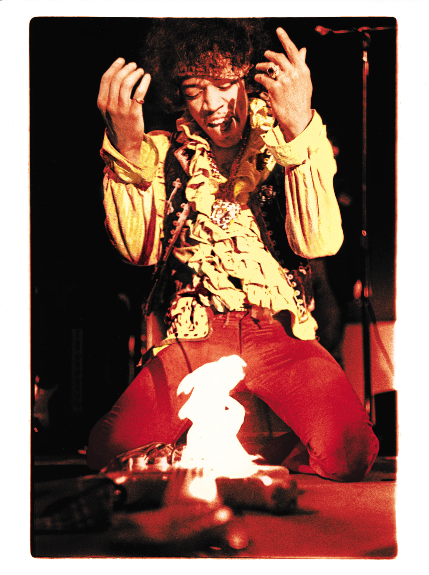 Ed Caraeff's photo of Jimi Hendrix burning his guitar at the Monterey International Pop Festival on June 18, 1967. Taken with a camera borrowed from his family optometrist when Caraeff was a high school junior, the photo made the cover of Rolling Stone, twice, in the decades since the festival.