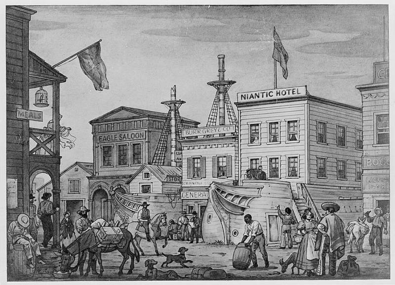An illustration of early San Francisco where old ships were converted into buildings.