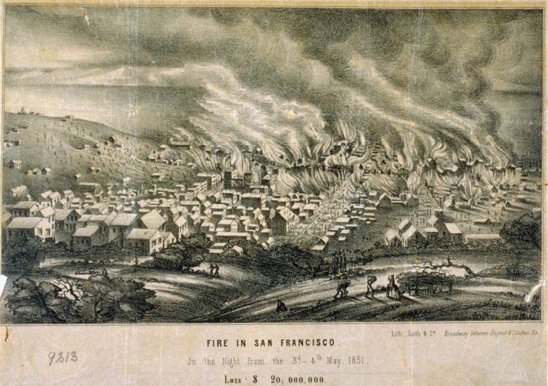 A print depicting the San Francisco Fire in May 1851. Losses allegedly totaled $20,000,000 (Courtesy of the De Young Legion of Honor)