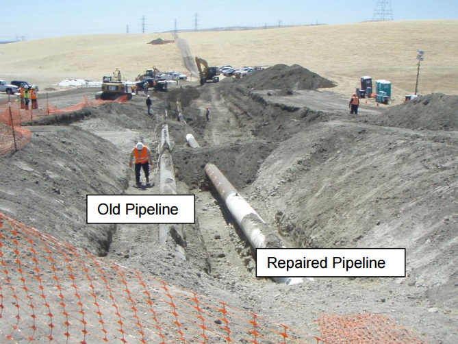 Image from Central Valley Water Quality Control Board report on Shell Oil's May 20 pipeline break. Picture shows inactive older pipeline and newer pipeline that ruptured, spilling about 21,000 gallons of oil. 